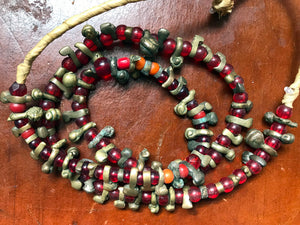 Strand of Antique Nigerian Brass "Peanut" and Glass Beads